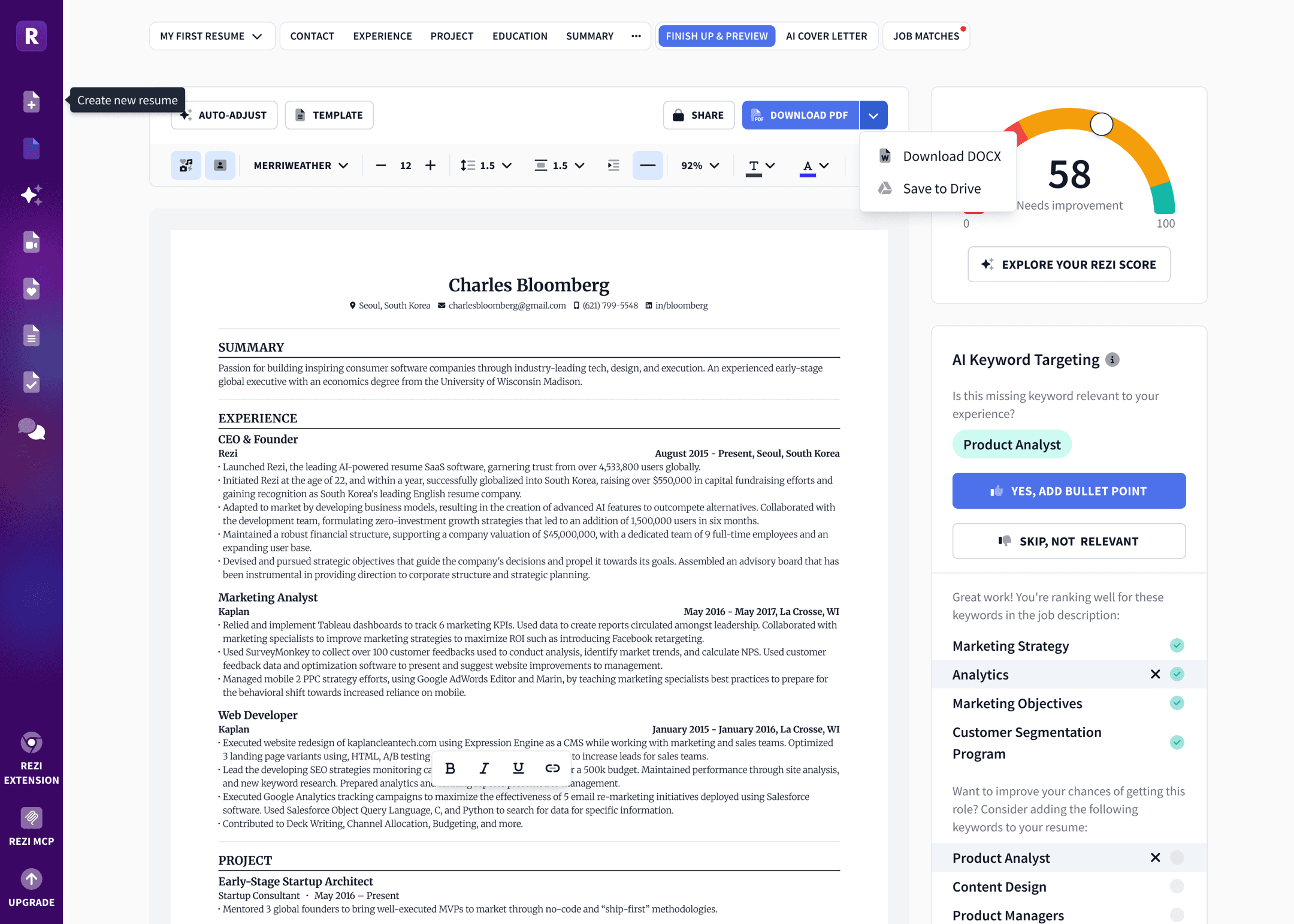 The resume editor with live ATS score and AI keyword targeting